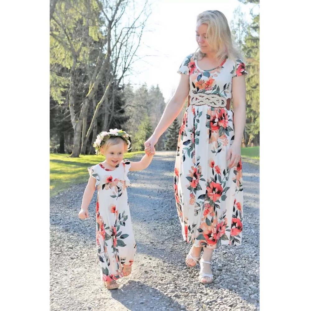 NEW Mommy and Me White/Coral Floral Short Sleeve Maxi Dress